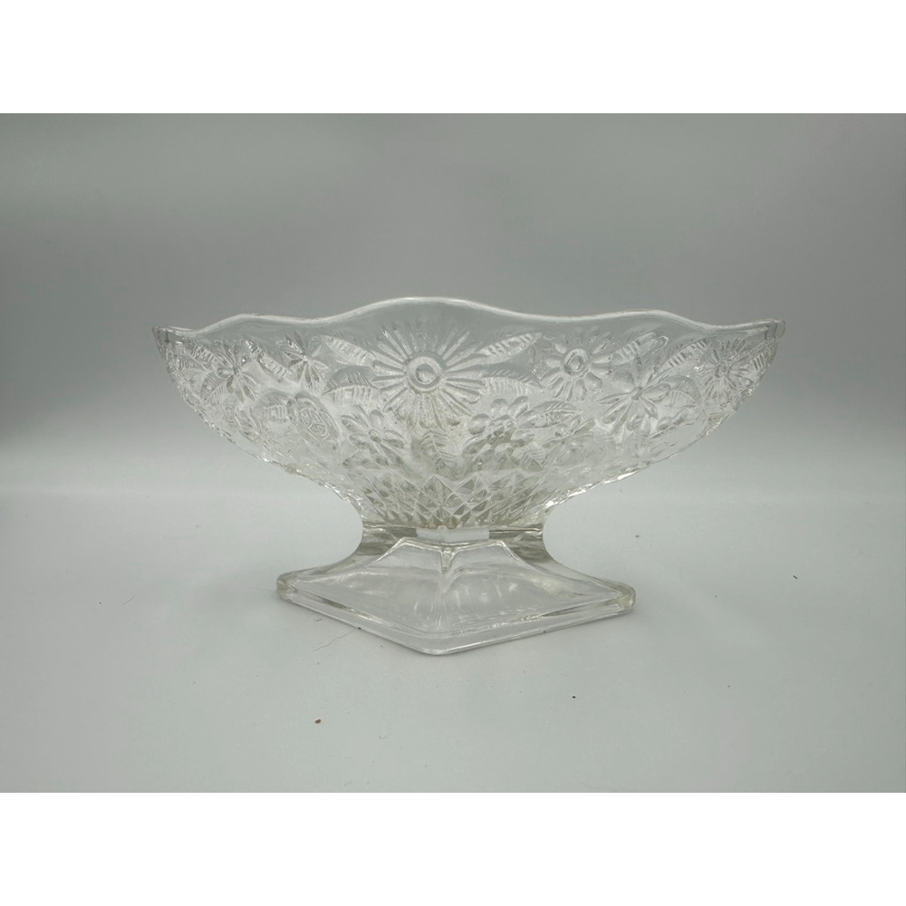 Antique 1900s EAPG Bowl | Sunburst Aster| Pressed Glass Footed Dish| Square Base